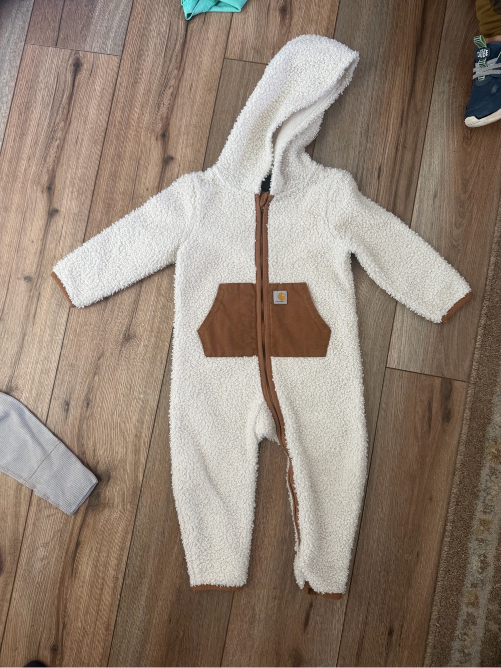 Carhartt Cream Sherpa Hooded Baby One-Piece with Brown Accent Pocket